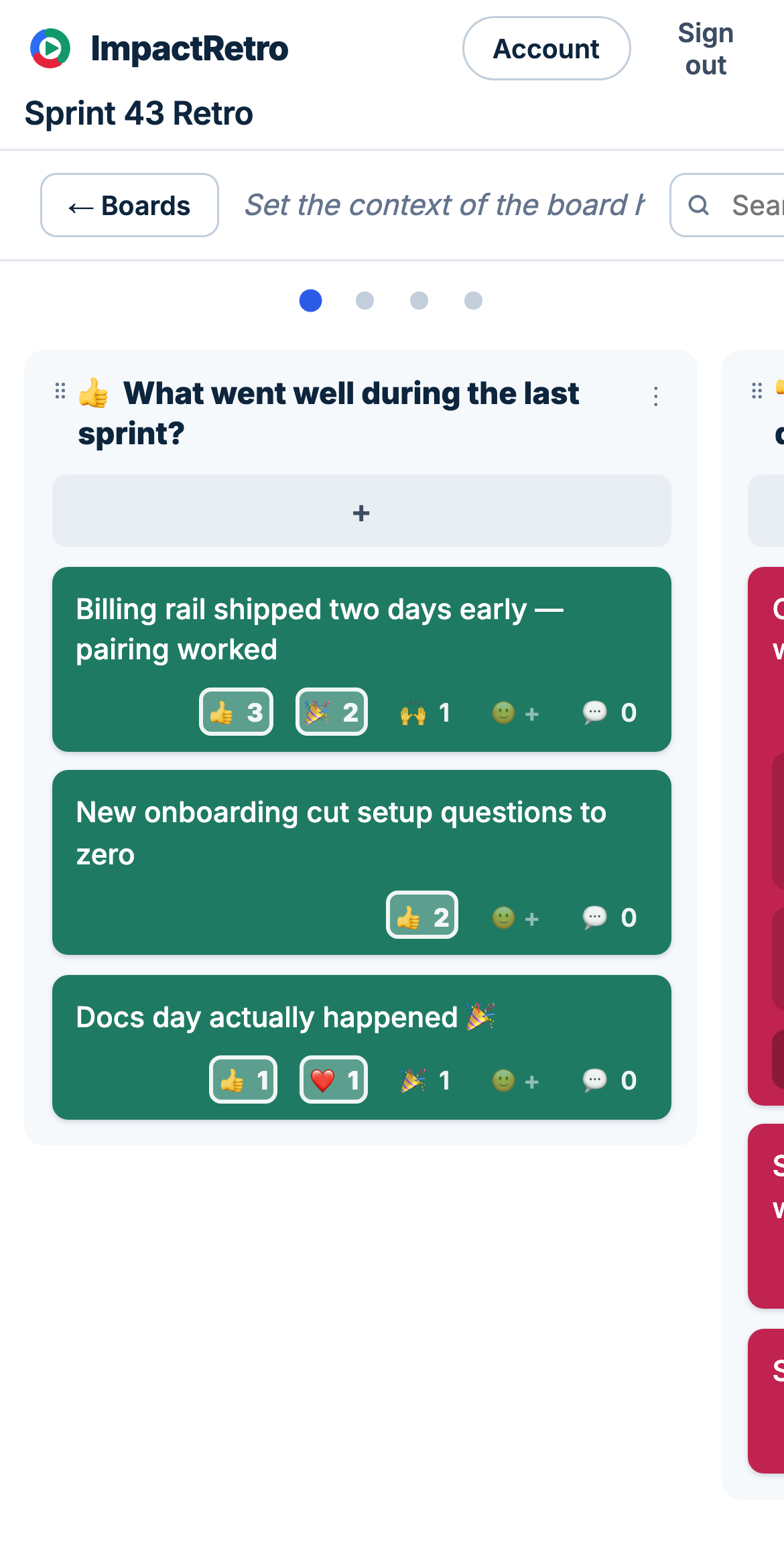 ImpactRetro board on a phone: snap-scrolling columns with a dot pager, cards with votes and emoji reactions